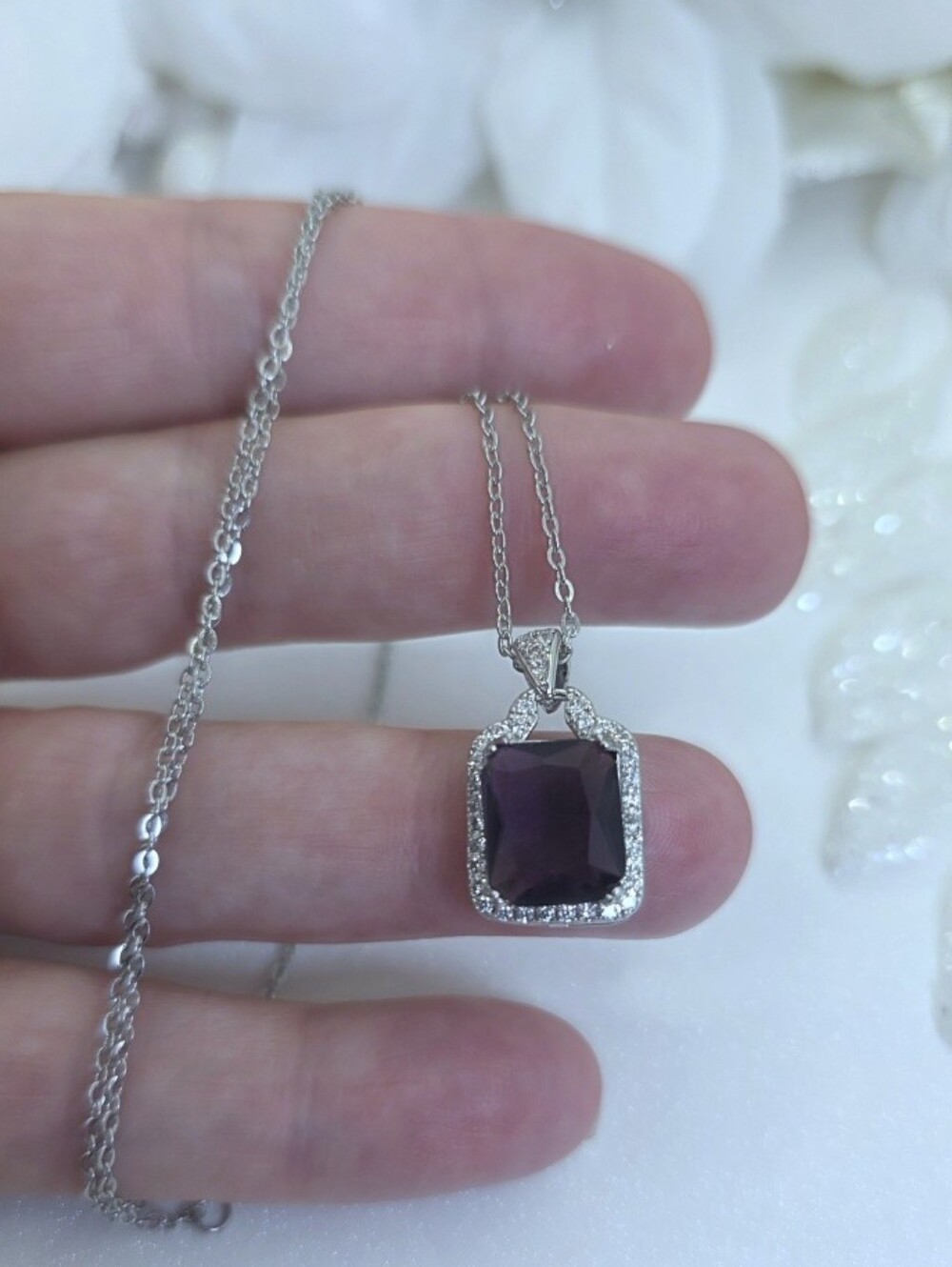 Purple Amethyst Necklace surrounded by White Baguette Diamonds on 925 Silver